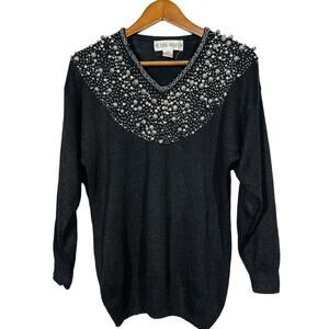Vintage Victoria Harbor Bejewelled Sweater Silver Black Beaded Mobwife Knit - PM
